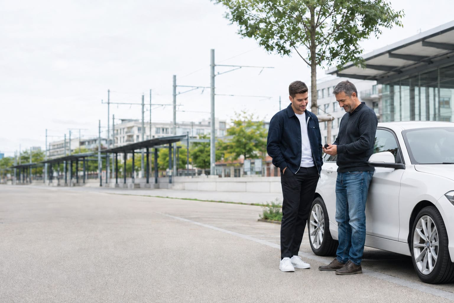 Fahrlehrer übergibt einem jungen Fahrschüler den Autoschlüssel neben dem Fahrzeug an einer Bahnhaltestelle.